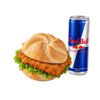 schnitzel sandwich and Red Bull 355 ml