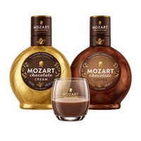 Mozart Chocolate Cream or Chocolate Coffee cream liqueur with glass