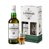 Laphroaig 10 YO Islay single malt whisky with glass