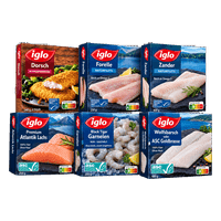 Iglo Atlantik Lachs Forelle Wolfsbarsch Goldbrasse Black Tiger Garnelen Dorsch oder Zander