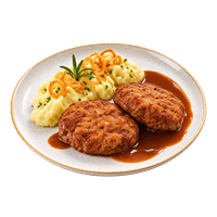 INTERSPAR Restaurant Faschierte Laibchen mit Kartoffelpüree Röstzwiebeln und Natursaftl