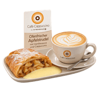 Café Cappuccino Ofenfrischer Apfelstrudel mit Vanillesauce und Cappuccino