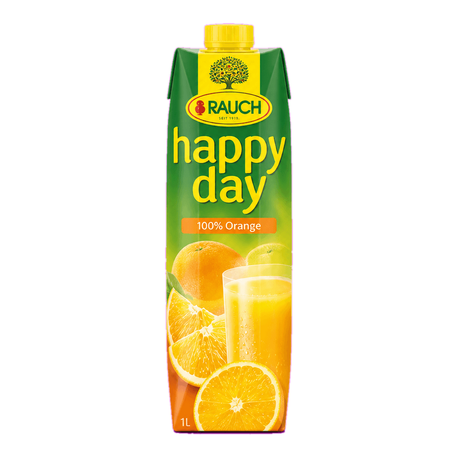Happy Day orange, orange juice blend, apple or multivitamin juice — various types