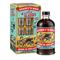 Shanky's Whip Irish Whiskey liqueur with four glasses