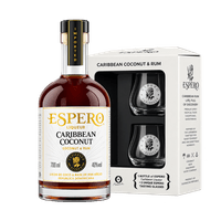 Espero Caribbean Coconut Rum Liqueur with two glasses