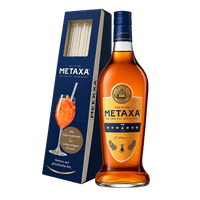 Metaxa 7 Star brandy with glass straw
