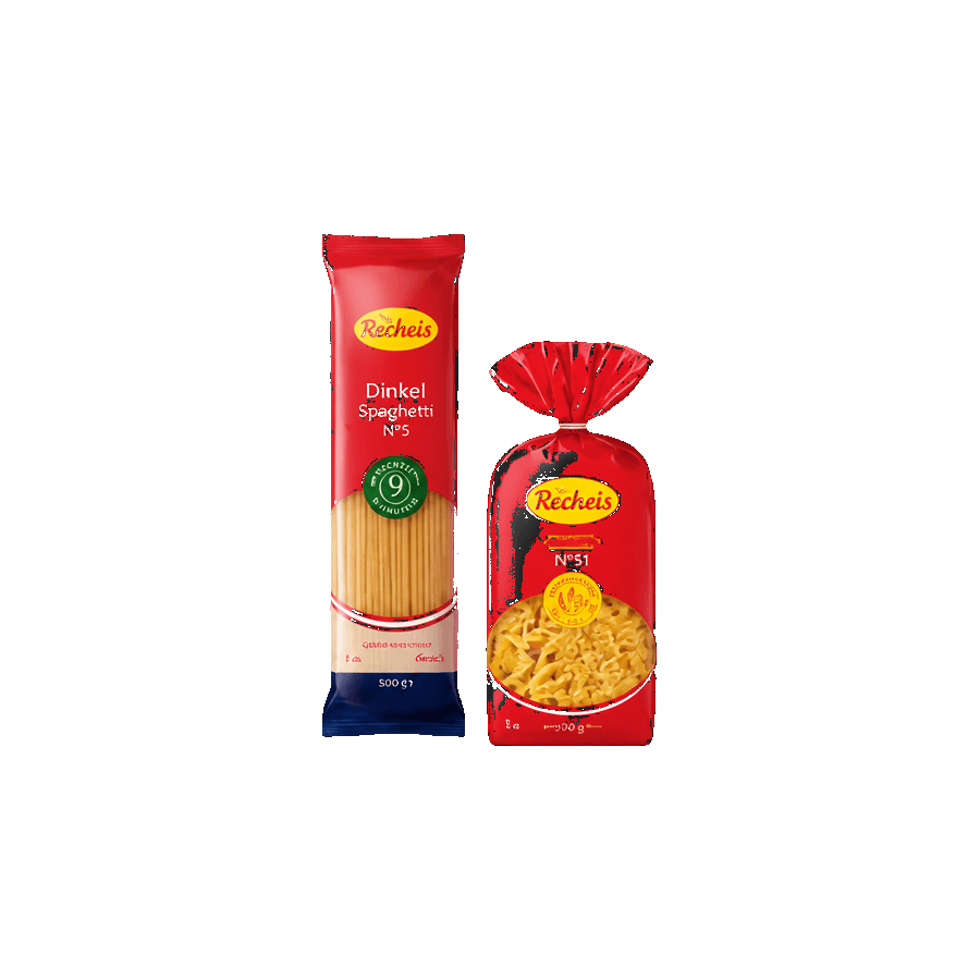 Recheis Goldmarke, wholegrain without egg, organic or Naturgenuss spelt pasta 400/500 g