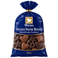Weiss Hearts, Stars, Pretzels — milk or dark chocolate